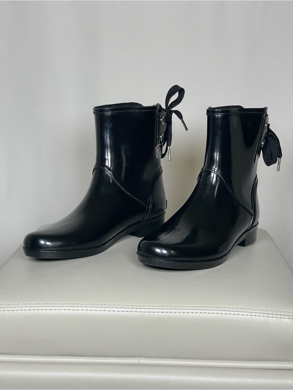 Michael Kors Black Patent  Ankle Rain Booties with Back Bow Accent